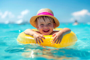 slow motion video of Joyful Toddler kid swims on Yellow inflatable Ring in the blue water