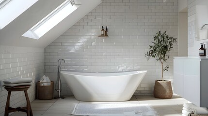 Fototapeta na wymiar Minimalist Bathroom Oasis with Natural Light and Scandinavian Design Elements