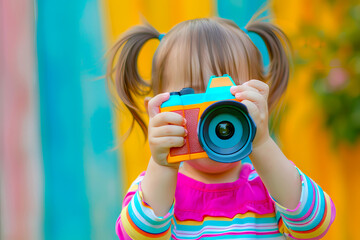Little Girl Taking Photos with Colorful Toy Camera