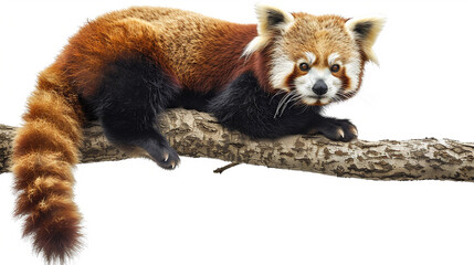 Adorable red panda perched on a branch, its fluffy tail curled, against a white backdrop.