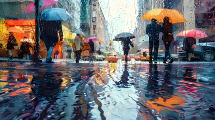 Rainy Downtown City Street with Colorful Umbrellas Reflected in Puddles Dreamlike Oil Painting Style Cityscape