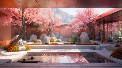 Traditional Japanese Garden with Cherry Blossoms and Reflecting Pool