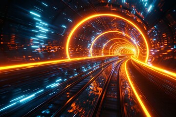 Abstract background with Orange and blue glowing neon light lines and futuristic.  High speed train on road. Technology concept