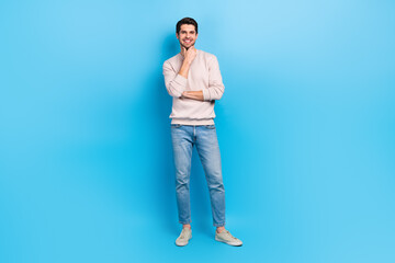 Full size photo of optimistic man wear sweatshirt denim pants holding arm on chin think business...