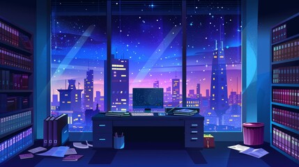 The office at night. Modern cartoon illustration of a dark room with a cityscape view in the window, a computer, documents and stacks of books on the desktop, folders on the shelf, a trash bin with
