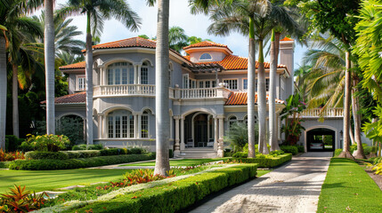 Fototapeta na wymiar The stately facade of a luxurious residence, boasting sleek gray walls accented with crisp white trimmings, crowned by a striking red tiled roof, set against a backdrop of abundant tropical foliage in