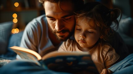 In a warm, sun-drenched room, a father creates a tender moment by reading a storybook to his attentive young child.