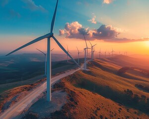 Wind turbines stand majestically on rolling hills against a vibrant sunset sky, symbolizing sustainable energy.