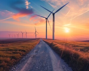 Wind turbines stand majestically on rolling hills against a vibrant sunset sky, symbolizing sustainable energy.