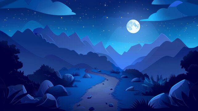 An illustration of a dark blue dusk landscape with rocky hills under a starry sky with clouds and a full moon. Cartoon modern illustration of a dark blue dusk setting with road and rocks.