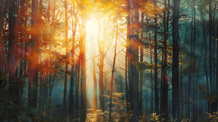 Sunset Through the Trees in a Green Forest.