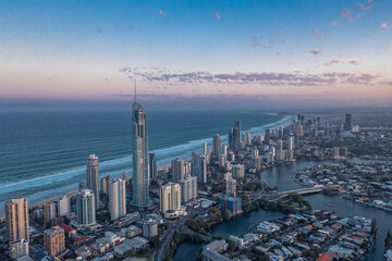 Aerial view of modern city after sunset. Concept tourism, travel. Gold Coast, Queensland, Australia.