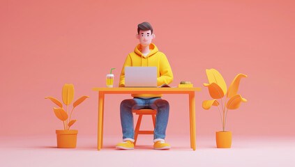 Obraz na płótnie Canvas 3D Isometric male character in yellow hoodie working at desk with laptop and plants