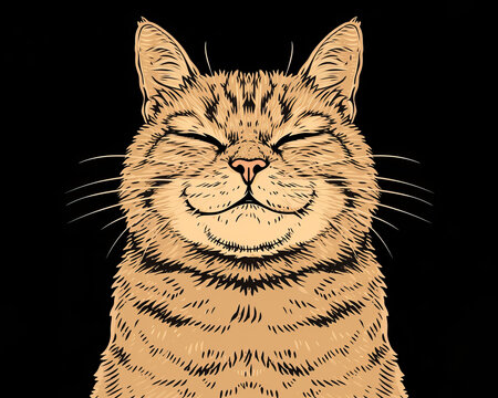 Smug looking cat with a content smile and half-closed eyes in art style