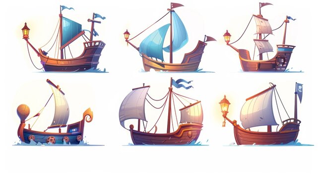 The boat is a floating sailboat with a wooden deck, wind-in masts, and a lamp on the deck. Here is a cartoon modern illustration set of different size ships for cruise travel, fishing trips, and