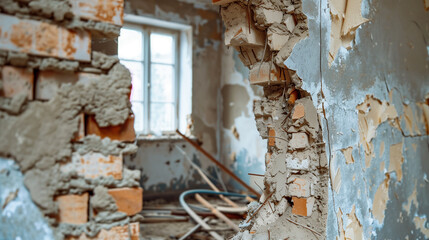 Room with exposed walls and renovation debris. - obrazy, fototapety, plakaty