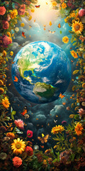 Earth nestles in a lush field of vibrant blooms, symbolizing unity and ecological diversity. A visual celebration for the International Day for Biological Diversity 22 may