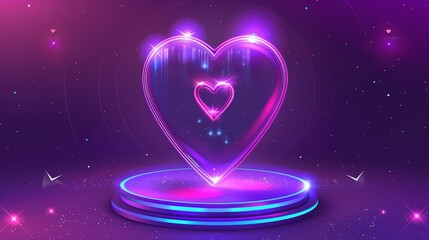 Modern illustration of holographic podium with neon circle decoration on purple background with heart shape and glass morphism decor. Conceptual design of futuristic showroom with hologram platform,