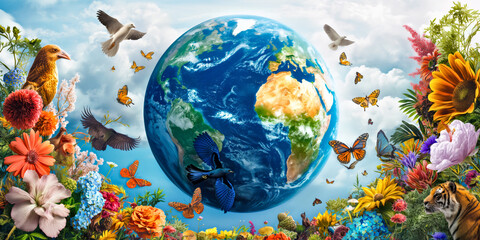 Global Biodiversity: Earth's Floral and Faunal Harmony. Flowery and diverse world map with a variety of animals and plants.International Day for Biological Diversity 22 may - 791871121