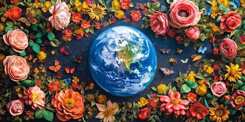 Earth nestles in a lush field of vibrant blooms, symbolizing unity and ecological diversity. A visual celebration for the International Day for Biological Diversity 22 may - 791871171