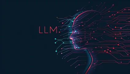 Fotobehang an AI head with the letters "LLM" floating above it, and circuitry flowing around its silhouette The background is a dark blue Generative AI © SKIMP Art