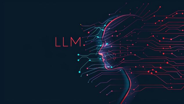 an AI head with the letters "LLM" floating above it, and circuitry flowing around its silhouette The background is a dark blue Generative AI