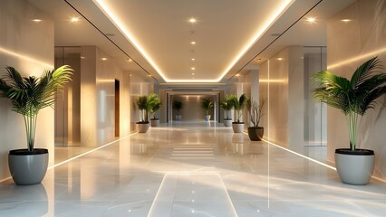 Contemporary Empty Entrance Hall or Office Hallway with a Clean and Bright Composition. Concept Contemporary Interior Design, Empty Spaces, Clean Lines, Bright Lighting, Office Decor