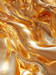 Fototapeten Liquid gold flow, closeup, warm glow, detailed texture for luxe abstract background © NatthyDesign