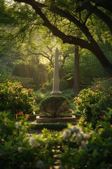 Oracle's garden with an obelisk centerpiece, zest trees blooming, serene afternoon, eye-level view, soft natural lighting