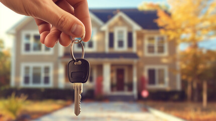 Key to new home in hand with house backdrop.