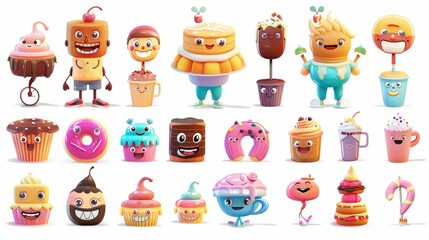 Modern illustration of retro restaurant mascots, sweet food, pancake, chocolate cookie, donut, ice cream, muffin, coffee cup smiling on white background.