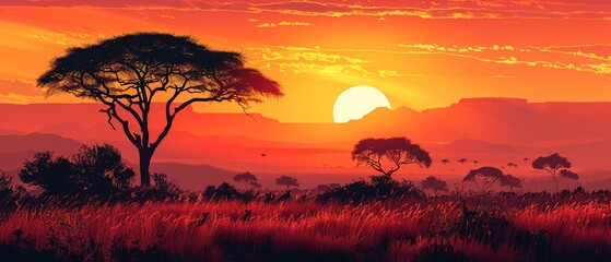 Safari sunset, abstract silhouettes, wide view, golden tones for wild wallpaper