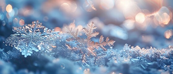 Snowflakes closeup, macro crystal details, soft light for a wintry abstract wallpaper - obrazy, fototapety, plakaty