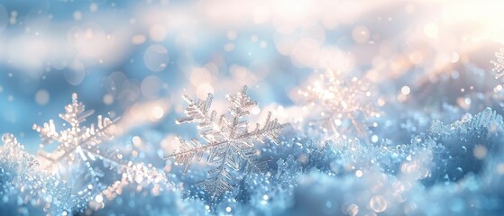 Snowflakes closeup, macro crystal details, soft light for a wintry abstract wallpaper - obrazy, fototapety, plakaty
