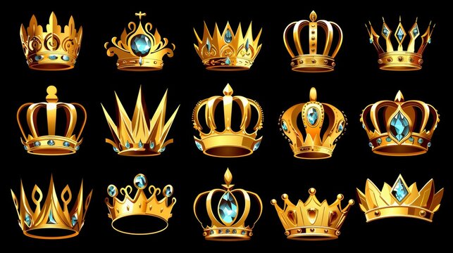 Set of gold crowns isolated on black background. Modern cartoon illustration of royal symbol, gold metal jewelry with gem stone decoration, medieval treasure design, king or queen accessory.