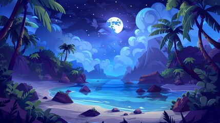 An ocean lagoon at night with calm sea water. A beach with sand, stone and palm trees with coconuts, rocky mountains, a dark blue sky with clouds, and a moon and stars. Modern seaside cartoon - obrazy, fototapety, plakaty