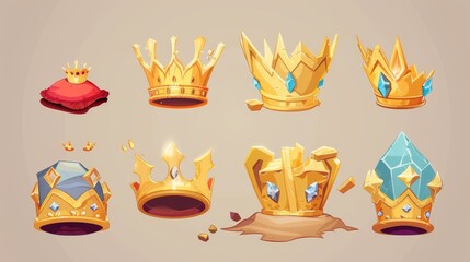 An icon of a gold crown for game UI level rank design. Cartoon illustration of broken dirty gold, simple yellow, and a blue gemstone on a red pillow.
