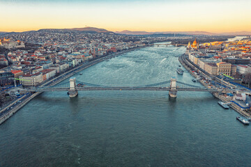 Budapest dusk Danube river and bridge. Hungary is popular tourist destination for romantic trips.