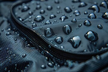 Macro shot of the surface of a waterproof fabric with water droplets on it. - obrazy, fototapety, plakaty