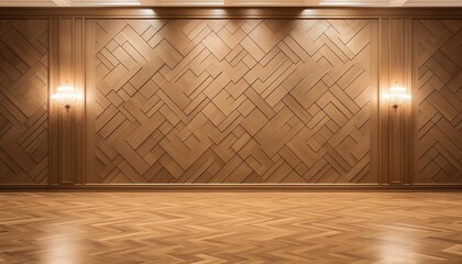 Artistic wood marquetry parquet wall in a public buildinglargescale pattern creating a warm and inviting atmosphere.