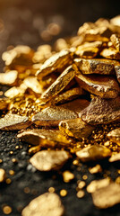 A pile of gold nuggets and dust on a black background