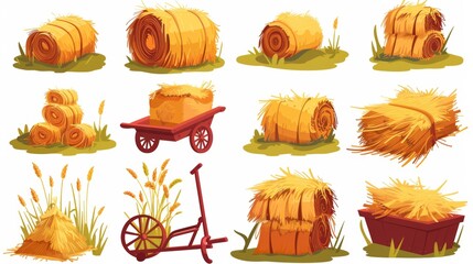 A stack of hay in a cube block, a roll, and on a wheelbarrow. Cartoon modern illustration set of yellow straw bales for farm animal feed. Harvest of thatch pile. Agricultural haystack bundle. - obrazy, fototapety, plakaty