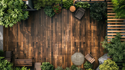 Draufsicht auf eine Gartenterrasse aus Holz, Holzterrasse