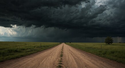 sunset over the field, landscape, Dirt road with dark storm clouds, green, black cloud, road, clouds on the road