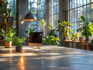 A contemporary office space filled with green plants and bathed in the soft glow of natural sunlight through large windows.