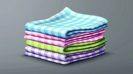 Isolated white and colored napkins set on gray background. Modern realistic illustration of bleached kitchen tablecloth, blue, pink, green color checkered picnic towels.