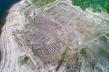 Drone view of Aquis Querquennis Roman Camp. Bande, Ourense. Galicia. Archeological site