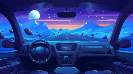 Car interior through windshield on desert road at night under full moon light. Cartoon driverless car interior with steering wheel, control dashboard, and GPS.