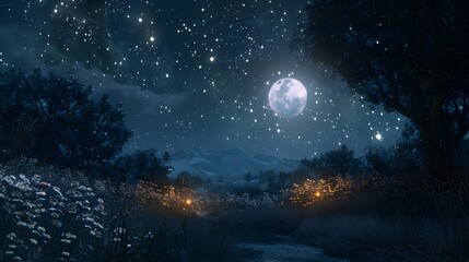 beauty of the night with a sky illuminated by the soft glow of a full moon and shimmering stars, portrayed in full ultra HD high resolution.