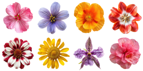 Collection of single fresh flower cutout clipping path png isolated on white or transparent background